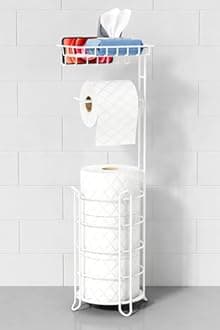 Goozii White Toilet Paper Holder Stand with Shelf, Free Standing Bathroom Tissue Holder for Large Mega Rolls, Metal Floor Toilet Paper Roll Holder with Wipes Storage and Phone Tray (White)