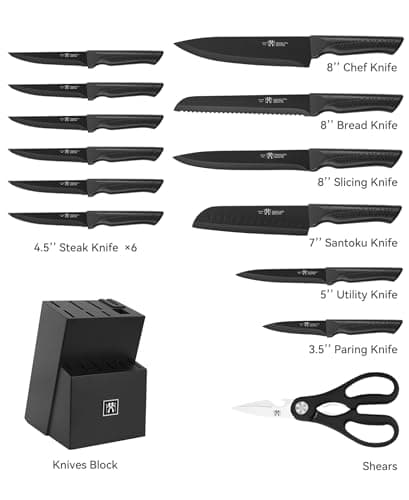 Knife Set, 15 Pcs Black Knife Sets for Kitchen with Block Self Sharpening, Dishwasher Safe, 6 Steak Knives, Anti-Slip Handle