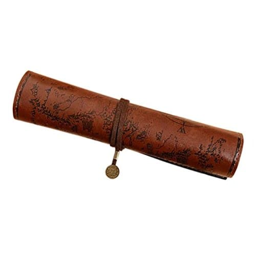 ANTIMAX Vintage Roll Up Pencil Case Creative Map Matte Smooth Cover Pencil Pouch Art Makeup Cosmetic Pouch with Pendant for Business School Gifts Smooth Dark Brown