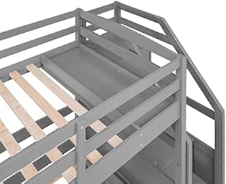 Merax Twin Over Twin&Twin Bunk Bed, Triple Bunk Bed with Drawers, Staircase with Storage, Built-in Shelves, Gray