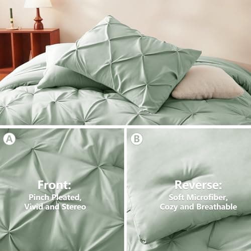 CozyLux King Size Comforter Set - 7 Pieces Comforters King Size Sage Green Pintuck Bed in A Bag Pinch Pleat Bedding Sets with All Season Comforter, Flat Sheet, Fitted Sheet and Pillowcases & Shams