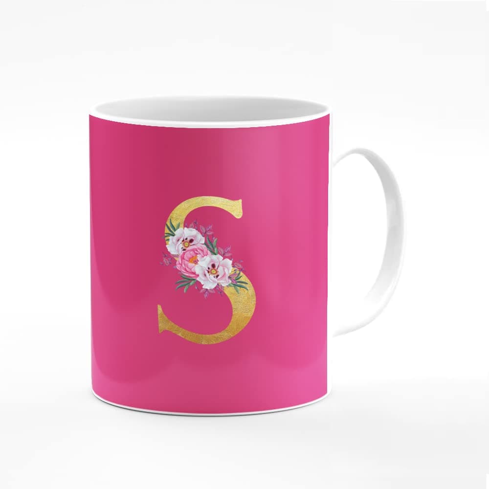 Stylizedd Designer Printed Coffee Mug 11oz Ceramic Personalised Gift Mugs Cup -Custom Monogram Initial Letter Floral Pattern Alphabet - S (Dark Pink Rose)