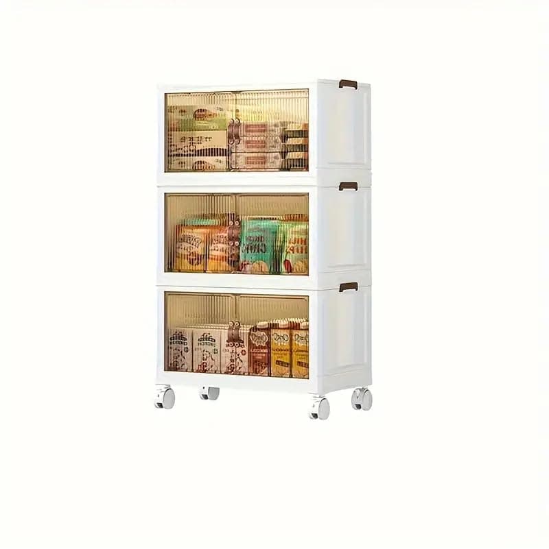 Kiesh Foldable Stackable Storage Box with Wheels |Collapsible Storage Bins with Door|Space-Saver Organizer with Door, Plastic Foldable Storage Box, Stackable Bin, Multipurpose Container Box (3 Layer)