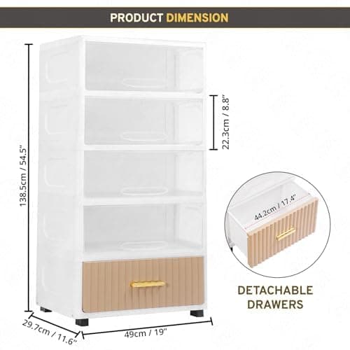ABOUT SPACE Polypropylene Cabinet for Storage,5 Tier DIY Cupboard with Hidden Door,Drawer & Roller Wheels|Kids Wardrobe for Clothes Racks for Home,Office,Bedroom-L 49 x B 29.7 x H 138.5 cm,White