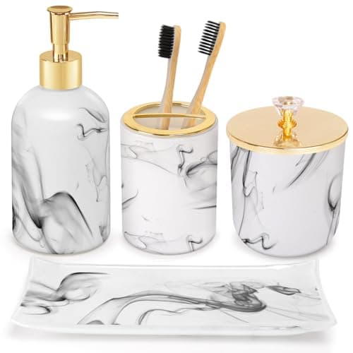 Haturi Marble Complete Bathroom Accessories Set Includes Toothbrush Holder, Soap Dispenser, Soap Dish, 2 Tumblers for Bath Decor (Ink White) - 5 Piece
