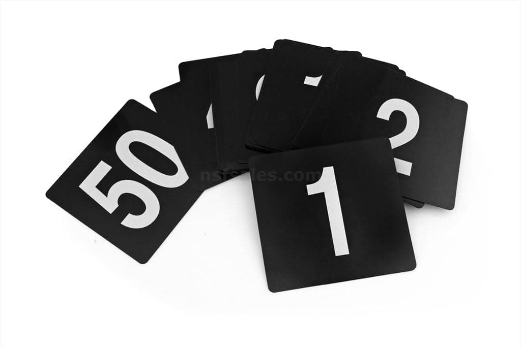 New Star Plastic Double Sided Table Numbers, 1-50, 4-Inch by 4-Inch, White on Black