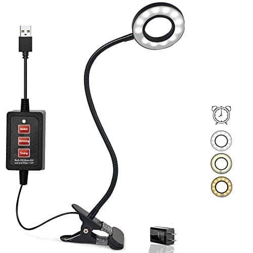 12W Dimmable LED Reading Light Clip on Light for Desk, Bed Headboard, Computer, DZLight Eye-Care Flexible Clip on Desk Lamp with 3 Modes 5-Level Dimmer and Auto Off Timer, Adapter Included