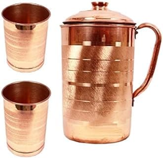 FINGERTIP Pure Copper Jug Volume1 L with 2 Copper Glasses| Pure Copper Water Jug for Ayurveda Health Benefit Smooth Finished Brown