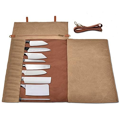 Chef Knife Storage Roll Bag,10 Separate Slots, Handmade,Durable,Washable,Waterproof Waxed Canvas Stores 10 Knives and Zipper Pocket and Shoulder Strap，Knives Not Included(28inches x 17.5inches）