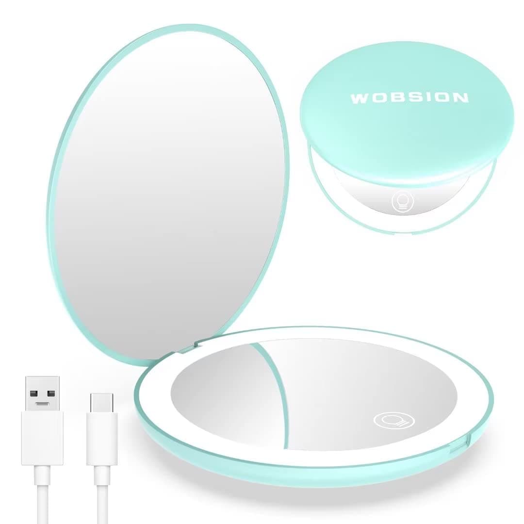 WOBSIONLed Compact Mirror,Rechargeable 1x/10x Magnification Compact Mirror with Light,Dimmable Small Travel Makeup Mirror,Pocket Mirror for Handbag,Purse,Handheld 2-Sided Mirror,Gifts for Girls,Cyan