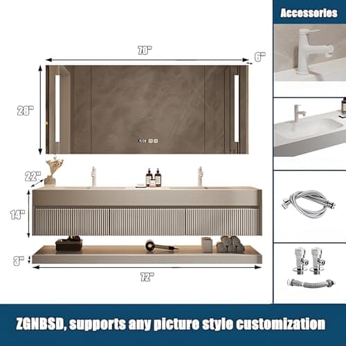 Double Sink Bathroom Vanity - Solid Wood Bathroom Vanity with Smart Defog Mirror ＆ Light, Floating Double Sink Cabinet with Abundant Storage Space (72IN)