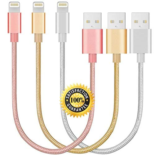 CableCord Short Nylon Braided USB Lightning Charging Cable/Data USB Compatible for iPhoneX Case /8/8 Plus/7/7 Plus/6/6s Plus,iPad Mini- Silver, Gold, Pink, 8-inch, 3-Pack