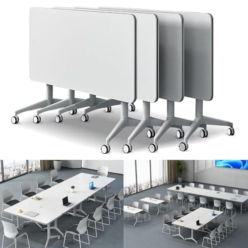 Folding Conference Table Modern Large Mobile Meeting Table Rolling Conference Room Tables with Wheels Seminar Tables for Office Training Classroom (4, White, 47.2" D X 23.6" W X 29.5" H)