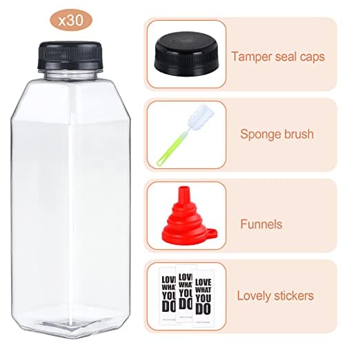 Juice Container with Lids, 16oz Plastic Bottles with Caps, 30pcs Empty Plastic Juice Bottles Reusable Clear Bulk Beverage Containers with Tamper Evident Cap for Milk, Smoothie, Drinks