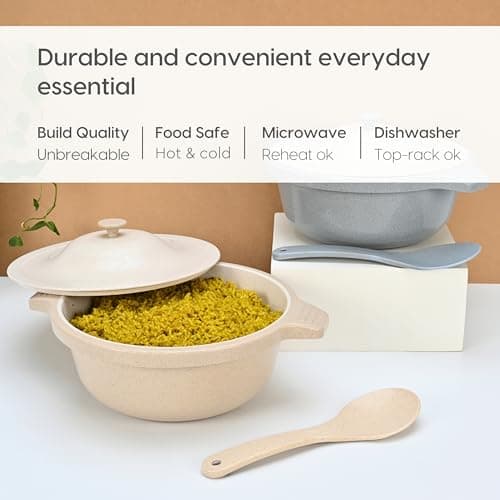 Eha Earth Friendly Serving Bowls with Lid | Microwave Safe | Made with Rice Husk and Bamboo Fibers | 2500 ml Each | Set of 2 | Sand-Azure
