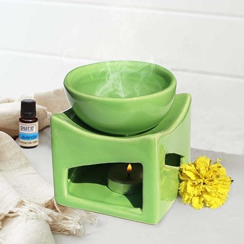 Ceramic Clay Candle Operated Aroma Burner Oil Diffuser, Extra Large Bowl, with 1 Tealight, 4.25 Inch, (Green)