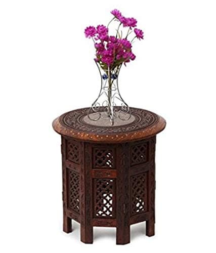 Wooden Folding Table with Brass Inlay Work Coffee Table, Round Table, Central Table,Side Table, Wooden Table, Wooden Furniture || 12 x 12 Inches