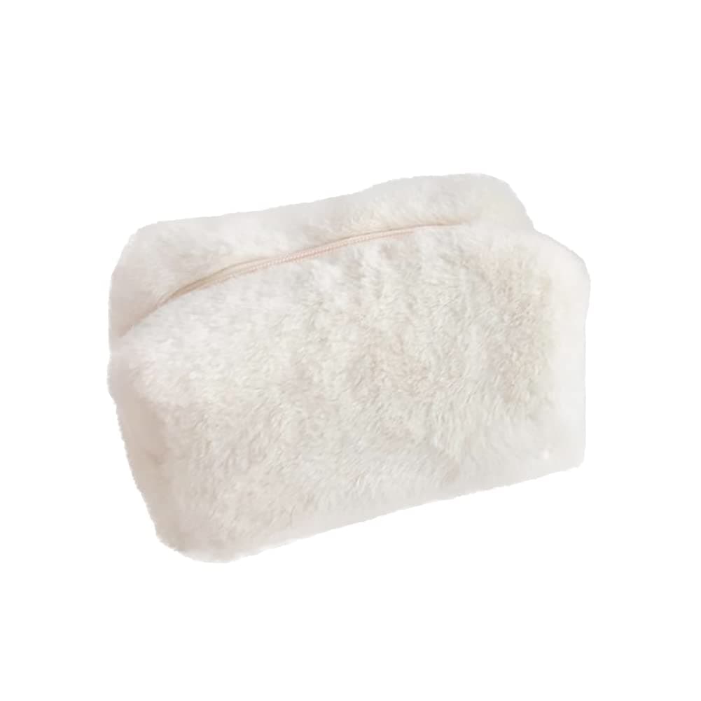 FSSTUD Cute Plush Pencil Case Large Capacity Pencil Pouch Pen Bag Portable Office Stationery Bag Furry Zipper Pen Pouch for Students White