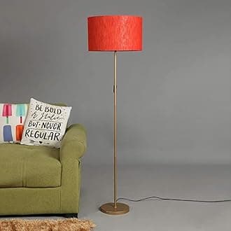 Darkroom Lights Premium Italian Floor Lamp Standing Modern Black Finish 5ft Height Off White Lamp Shade 12 inches Drum Shade for Living Room Corner, Home, Hotel, Office (Round Shade) (Golden, Red)