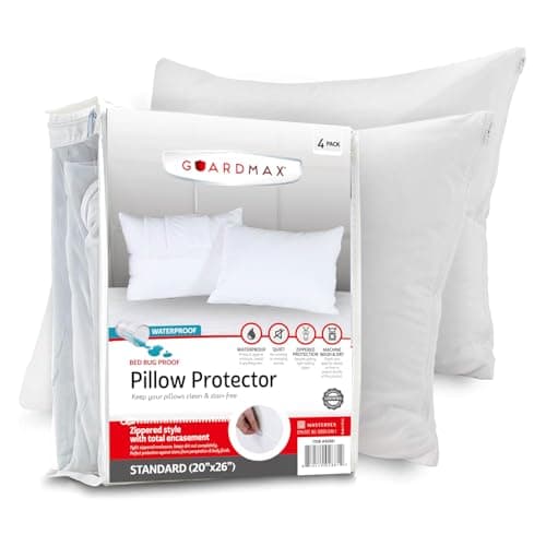 Guardmax Bed Bug Pillow Protectors Standard 4 Pack | Waterproof Hypoallergenic Covers | Zippered Pillow Cases | Noiseless (Standard - 20x26†- Set of 4)