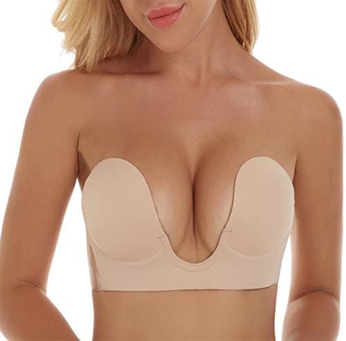 Strapless Bra Sticky Backless Bra Self Adhesive Bra Invisible Push up Bra for Women(C,Beige)