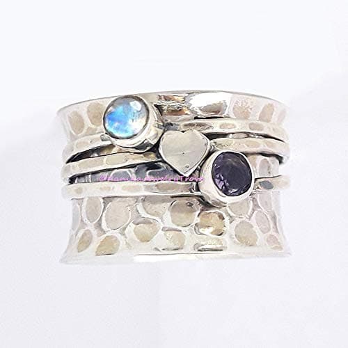 Amethyst Ring, Rainbow Moonstone Ring, Love Ring, 925 Sterling Silver Ring, Hammered Spinner Ring, Anti Anxiety Ring, Love Band, Textured Ring Spinner, Easter Ring, Gift for Easter Mother's Day Gift