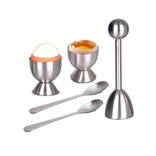 Egg Cutter Topper Set,5 pcs Stainless Steel Egg Cracker Tool for Soft & Hard Boiled Eggs/Poached Eggs,Egg Separator Include 2 Egg Cups+2 Egg Spoons+1 Egg Topper Cutter Shell Remover Kitchen Gadgets