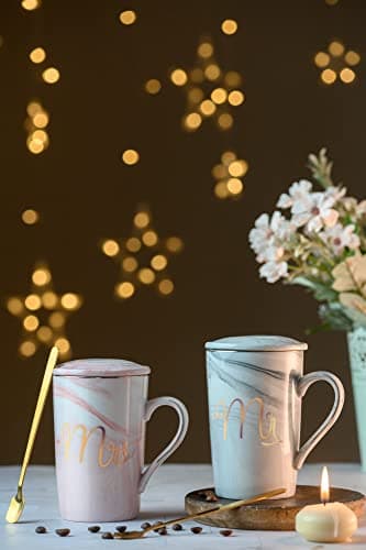 CPENSUS Ceramic Marble Finish Coffee Cups Mug with Lid & Spoon for Couples Engagement Gift, Anniversary Wedding Valentine Gifts for Husband Wife Teachers Women Men (MR & MRS Mugs)