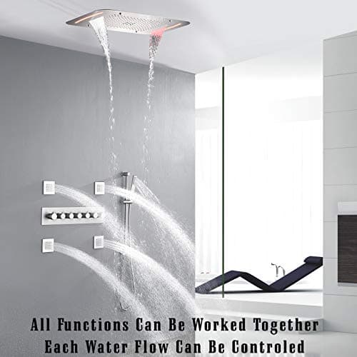 LED Ceiling Rain Shower Head System With Handheld Spray Thermostatic 28X17 Inch Rainfall Shower Set (Brushed Nickel)