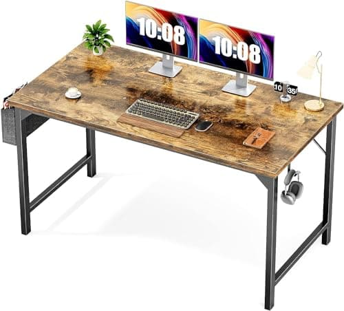 Sweetcrispy Computer Desk - Office 48 Inch Writing Work Student Study Modern Simple Style Wooden Table with Storage Bag & Iron Hook for Home Bedroom - Rustic Brown