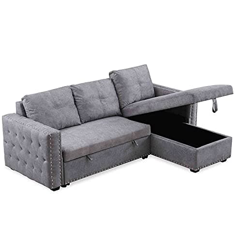 Tulib 91" Reversible Sectional Sleeper Sofa with Storage Chaise, L-Shape Corner Couch with Pulled Out Bed, Nailheaded Design, for Living Room(Gray), Grey