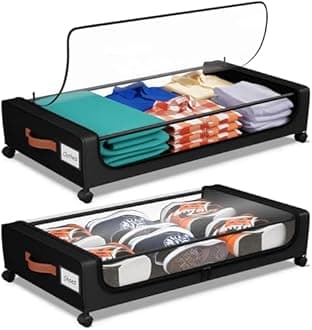 Futego Under Bed Storage with Wheels, UnderBed Storage Containers with Clear Lid and Handles, XXL 60L Under the Bed Storage Bins Drawers for Clothes,Blankets,Shoes,Books (BLACK, 2 PACK)