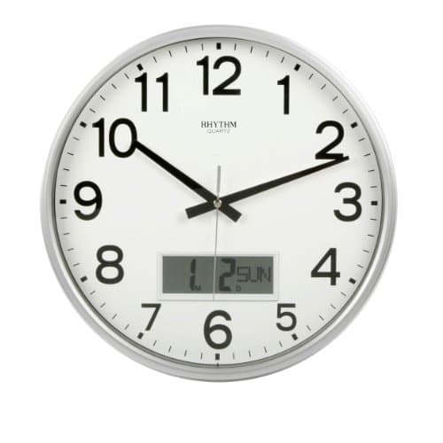 RHYTHM Value Added Wall Clock with Silent Movement LCD Calender Silver Plastic Case