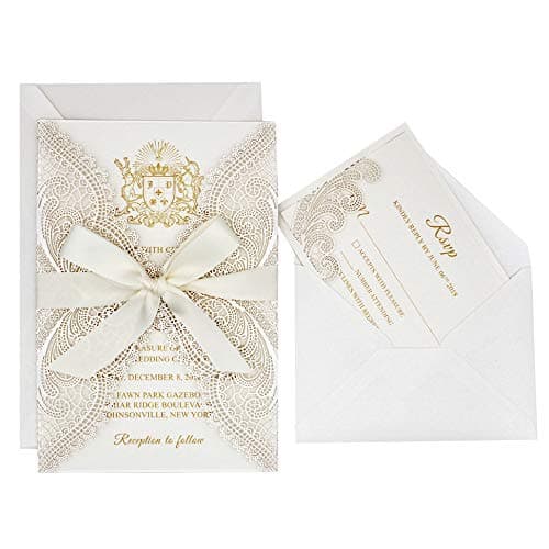1 Set Sample Ivory Laser Cut Lace Wedding Invitations Wraps with Shimmer Insert and Ribbon Bow, RSVP Cards Included, Elegant Invite Cards for Wedding/Bridal Shower/Birthday Party (1 Set Sample)