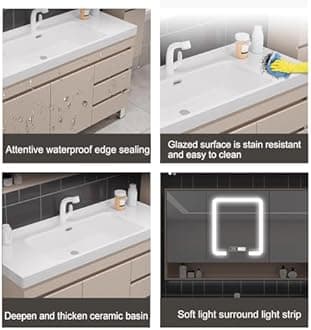 Kadaligh Bathroom Vanity - 44IN Bathroom Vanity Set with One-Touch Defog | LED Light, Integrated Solid Wood Cabinet | Large Storage Space (Cream Yellow)