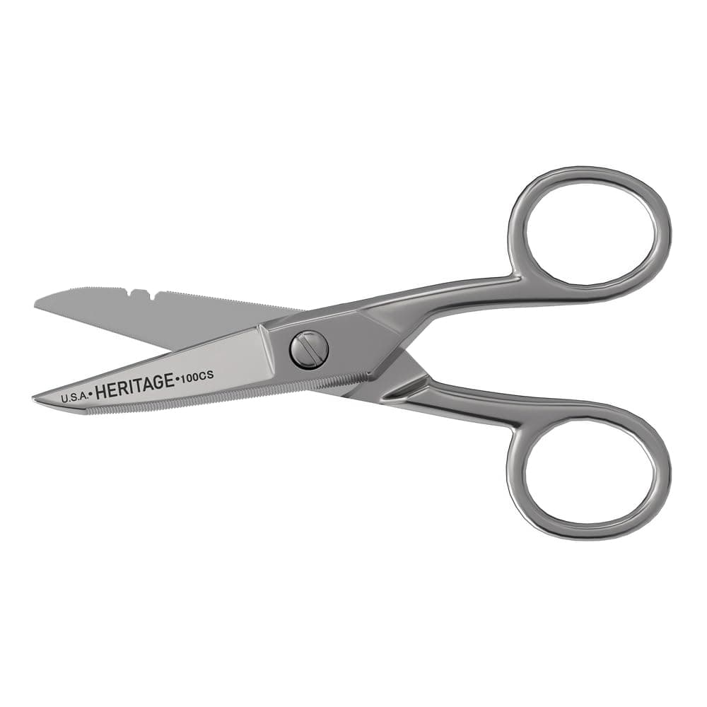 Klein Tools 100CS All-Purpose Precision Scissors, Made in USA, 5.25-Inch Nickel-Plated Snips, Blunt Tip, and Wire Stripping Notches, Multi-Purpose for Professional and Home Usage