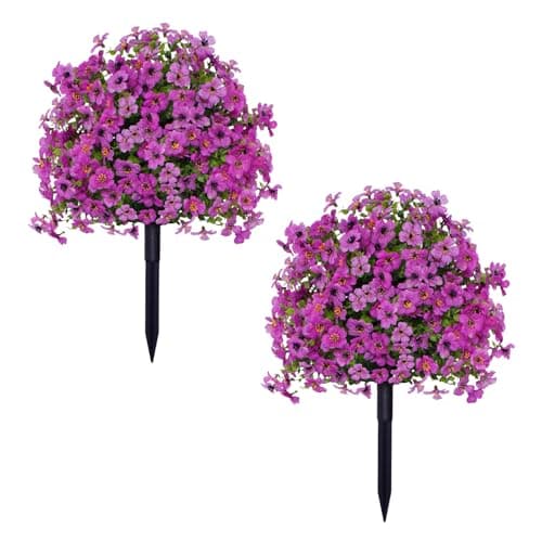 Artificial Violet Ball Topiary Trees with Ground Spikes, 2 Pack Fake Artificial Bushes Plants, Fade Resistant Faux Artificial Shrubs Tree for Indoor Outdoor Front Porch Decor 23in (D-2 Pcs)