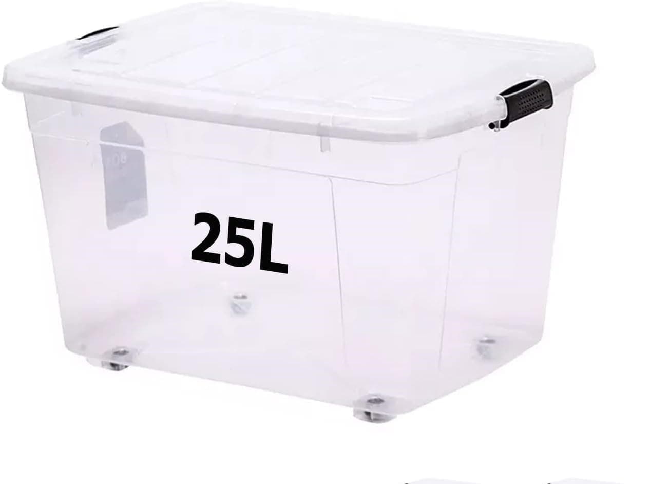 Premify Storage Box 25 L With Lockable Lid & Wheels Clear Plastic Organizer – Transparent Box Storing Clothes, Toys, Tools, Medicine, Arts & Crafts, Kitchen Etc (1 X 25L Storage Box)