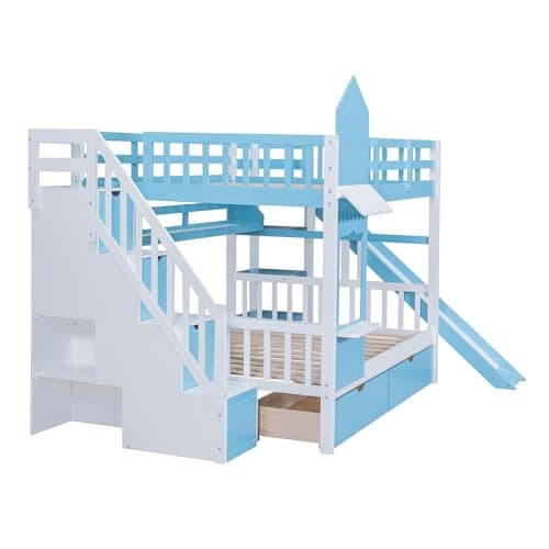 Full-Over-Full Bunk Bed, Castle Style Bunk Bed with 2 Drawers and 3 Shelves, Solid Wood Bunk Beds with Slide and Storage Staircase, Playhouse Low Bunk Bed for Kids Teens Boys Girls (Blue-O273)