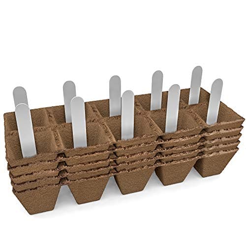 Seed Starter Peat Pots Kit Germination Seedling Trays are Biodegradable and Organic 10 Plastic Plant Markers Included | 5 Pack-50 Cells