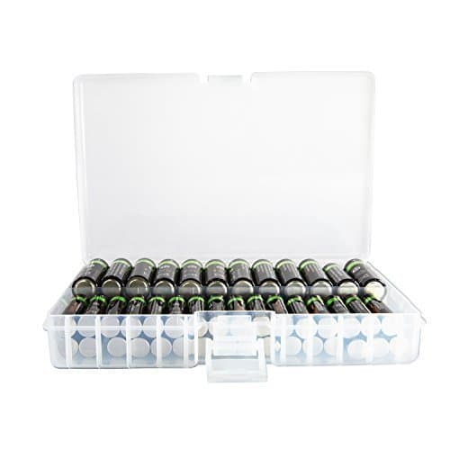 AA AAA Battery Storage Box, Rechargeable Battery Storage Case Battery Holder Organizer Box Holds 46AA or 64AAA with Hinged Lid Charge Reminder Marking Non-Slip Bottom Sturdy Plastic Clear