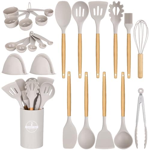 Silicone Kitchen Cooking Utensils Set, 24 Pcs Non-Stick Kitchen Utensil Spatula Set with Wooden Handles and Holder, BPA Free Gadgets for Cookware, Kitchen Accessories, Khaki