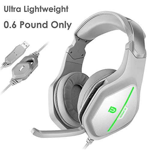 Computer Headset, FD X5 USB Lightweight Over Ear Headphones with MIC, 7.1 Stereo Bass Surround, Noise Reduction, Volume Control and LED Green Light for Computer, PC, Laptop, Mac (Grey)