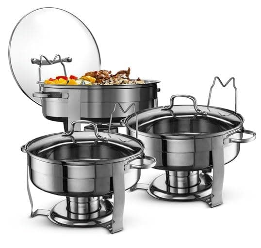 Chafing Dish for Buffet Set, by Kook, Chafing Buffet, Buffet Warmer Tray, Round, Stainless Steel with Glass Viewing Lid and Built-in Lid Holder, for Parties, Dinners and Catering, 4.5 Qt, Set of 3