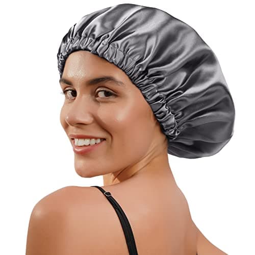 Satin Bonnet Sleep Bonnet Cap - Extra Large, Double Layer, Reversible, Adjustable Satin Cap for Sleeping Hair Bonnet(Large,Dark Grey)