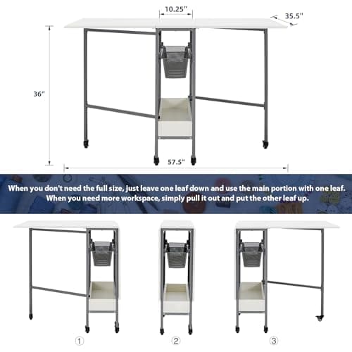 Generic Home Hobby Craft Table, Mobile Folding Cutting Table with 2 Mesh Storage Drawers, Foldable Table for Home Office Sewing Room Craft Room, Fixed Height 36 in, White
