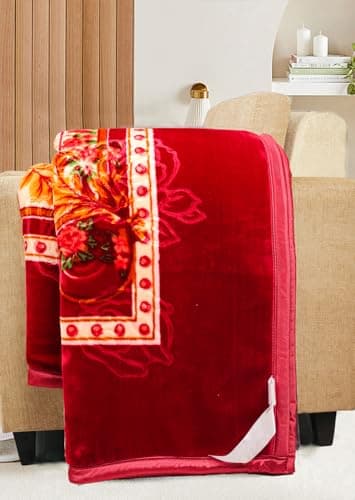 BSB HOME Super Soft Cloudy Printed Double Bed Blanket for Heavy Winter, Single Ply Mink Blanket King Size with 220 x 230 Cm – 2.5 Kg (Multicolour Red and Beige, Pack of 1)