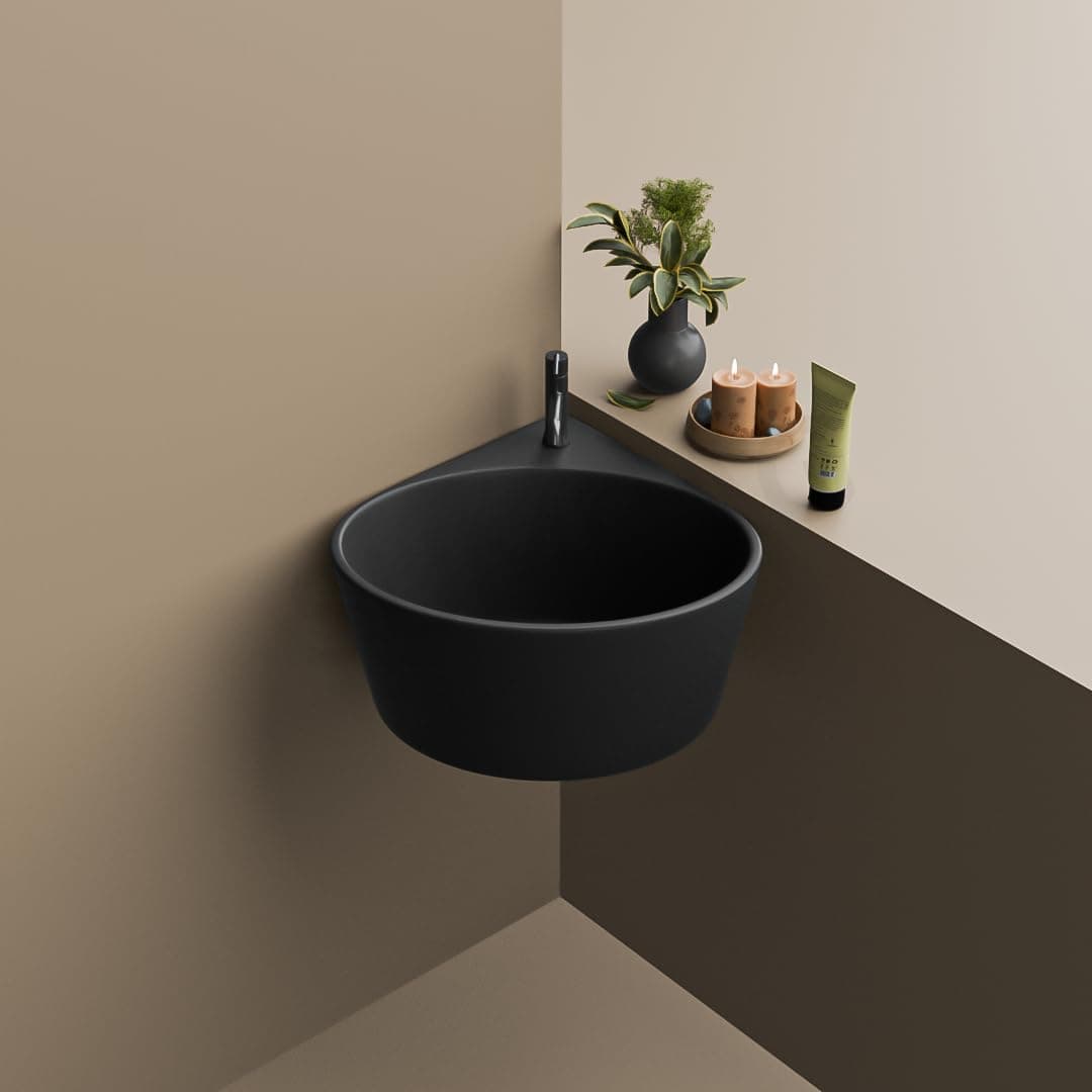 Ceramic Corner Basin/wall Mount Basin for Bathroom/wall Hung Wash Basin/small Corner Sink (Black)
