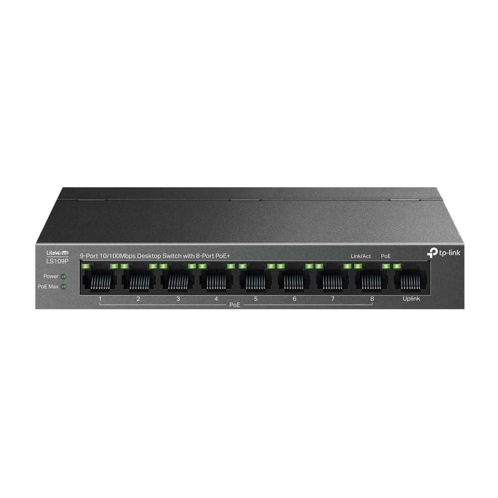 LS109P 9-Port 10/100Mbps Desktop Ethernet Switch with 8-Port PoE+, 63 W PoE Budget, PoE Auto Recovery,Up to 250 m PoE Transmission, Plug & Play, Ideal for IP Surveillance & Network Security