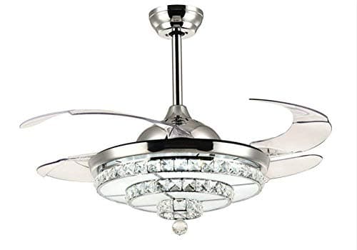 Lighting Groups 42 Inch Invisible Ceiling Fan with Light and 4 Retractable Blades Crystal Fan Chandelier with Remote Control for Living Room Dining Room Bedroom Fan Ceiling Light Fixures (Chrome)